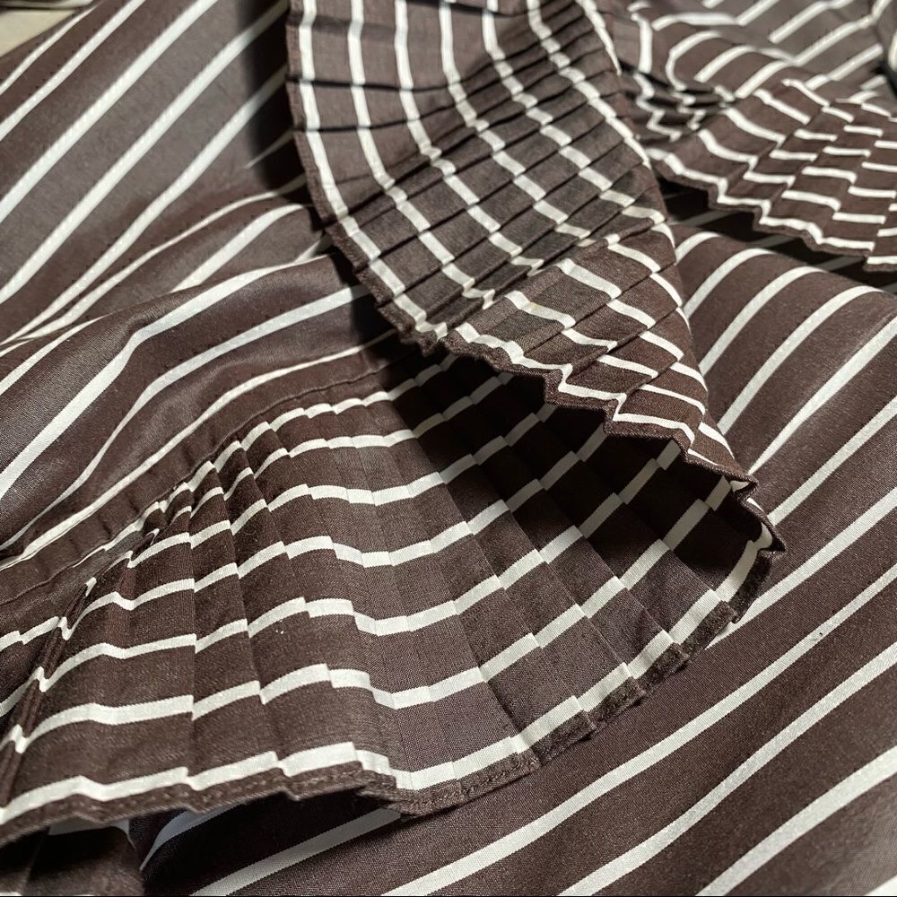 Ralph Lauren Polished Cotton Poplin Brown & White Accordion Pleat Ruffle Blouse